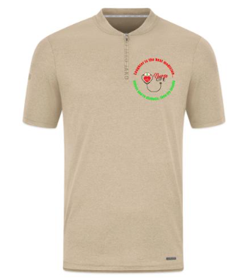 Beige short-sleeve quarter-zip polo shirt with a 'Nurse Life' design.