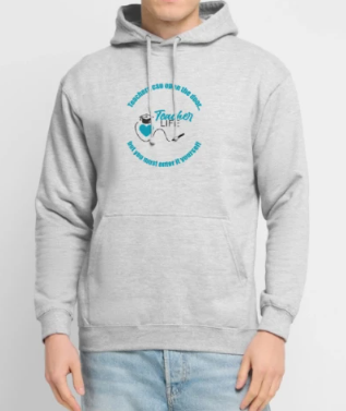 Gray hooded sweatshirt with a graphic of a person and text that says "Teacher Life".