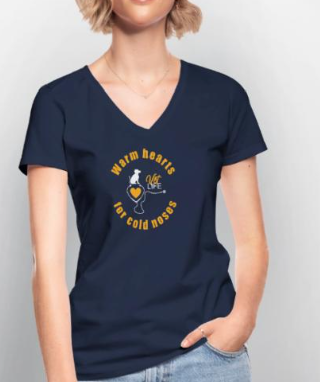 Navy blue V-neck T-shirt with a yellow design.
