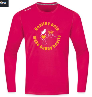 Pink long-sleeve shirt with a graphic and the text 'Healthy pets make happy hearts'.