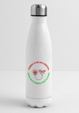 White stainless steel water bottle with a logo featuring a red heart and stethoscope.