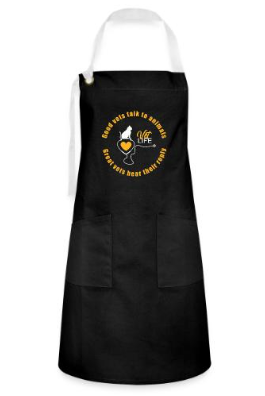 Black apron with a yellow design.