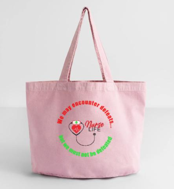 Pink tote bag with 'Nurse Life' design.