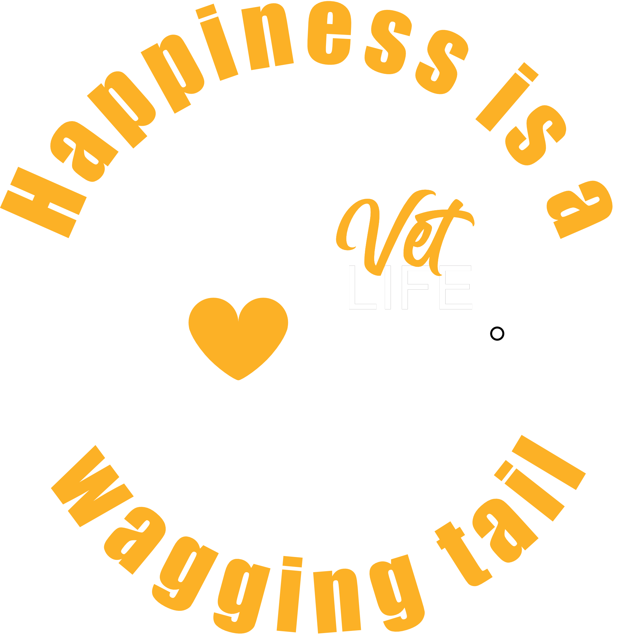 A round design featuring a dog sitting on a stethoscope with a yellow heart. The text around the logo reads 'Happiness is a wagging tail'.