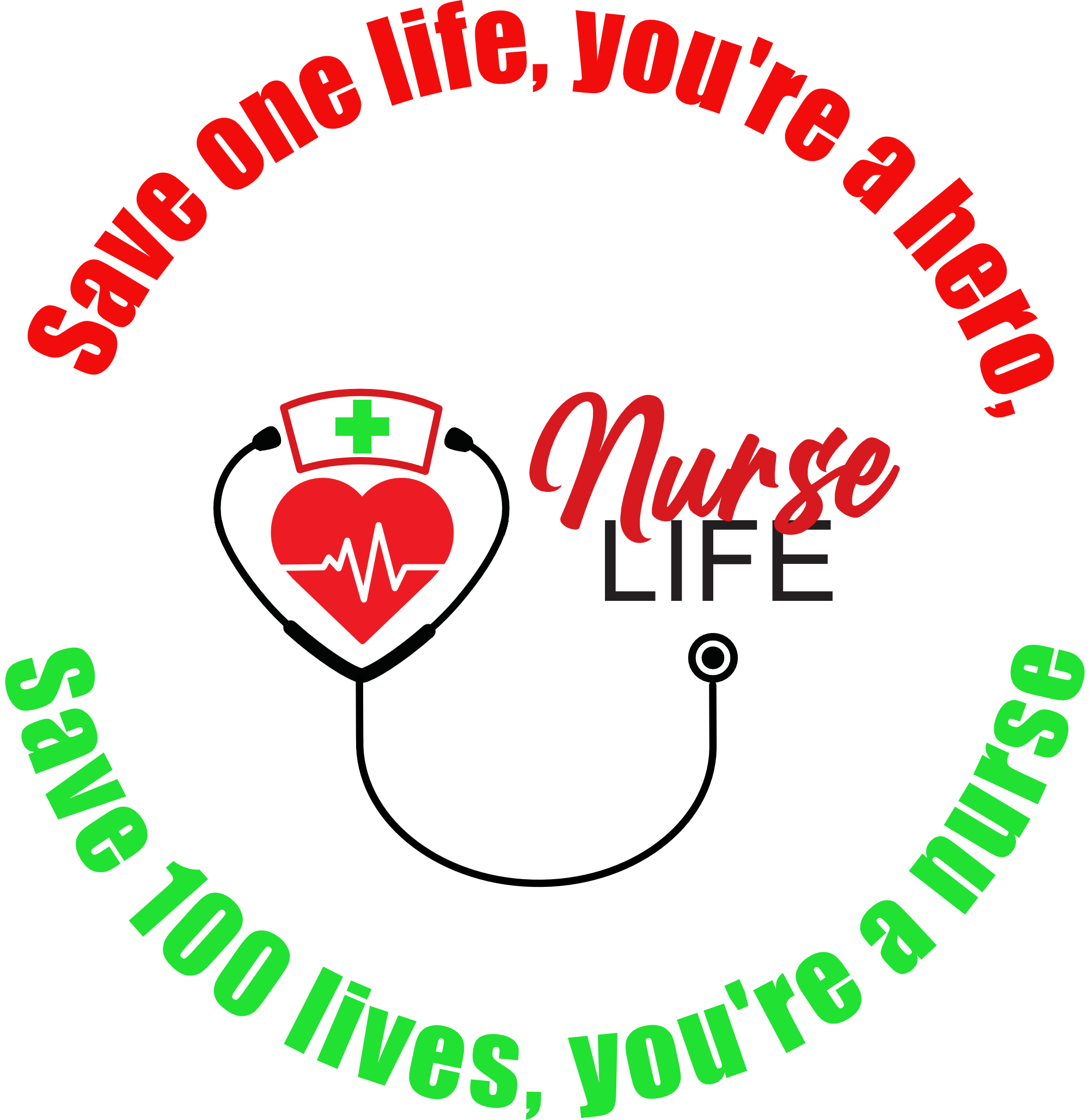 Illustration of a heart with a stethoscope and 'Nurse Life' design.