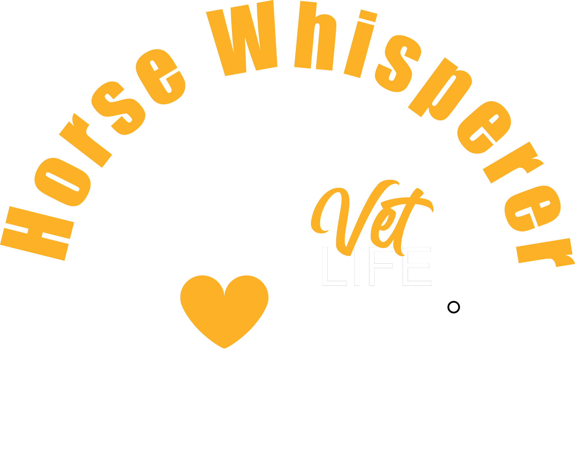 A logo with the text "Horse Whisperer" in yellow and white, featuring a white horse, a stethoscope, and a yellow heart, with 'Vet Life'.