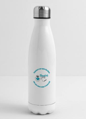 White stainless steel water bottle with 'Teacher Life' design.