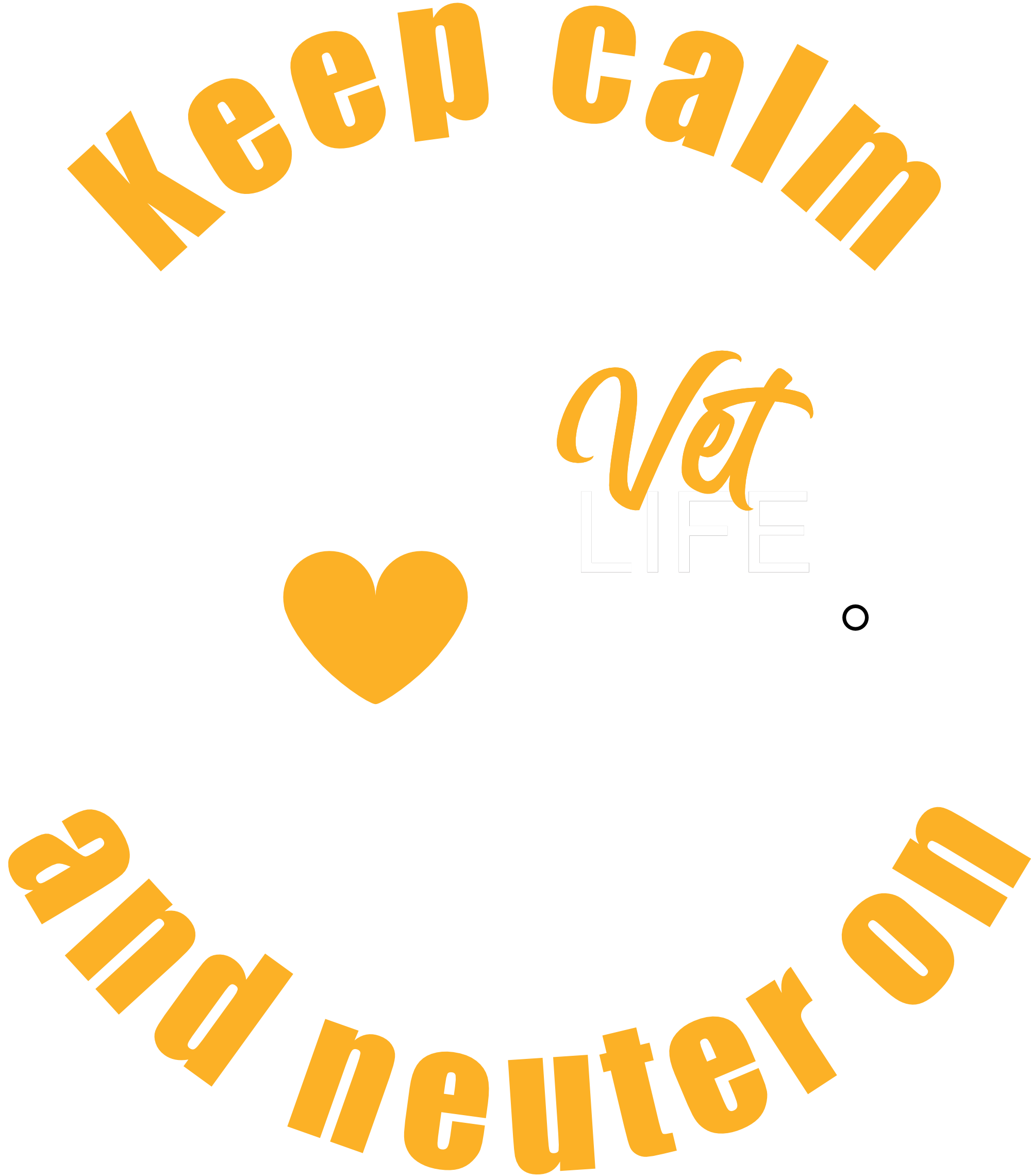 A round design featuring a dog sitting on a stethoscope with a yellow heart. The text around the logo reads 'Keep calm and neuter on'..