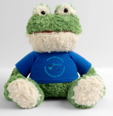A plush frog stuffed animal wearing a blue shirt with a smiley face and text.