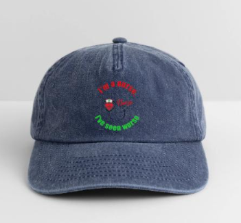 Denim baseball cap with red and green embroidered text and logo