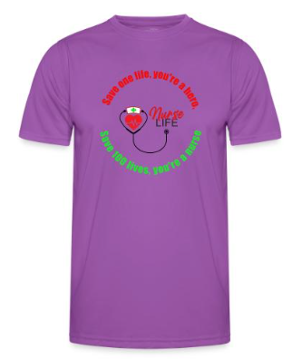 Purple t-shirt with a 'Nurse Life' design.