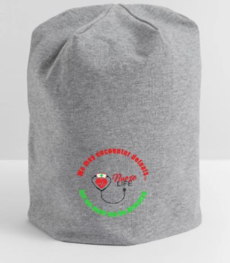 Gray beanie with a 'Nurse Life' design.