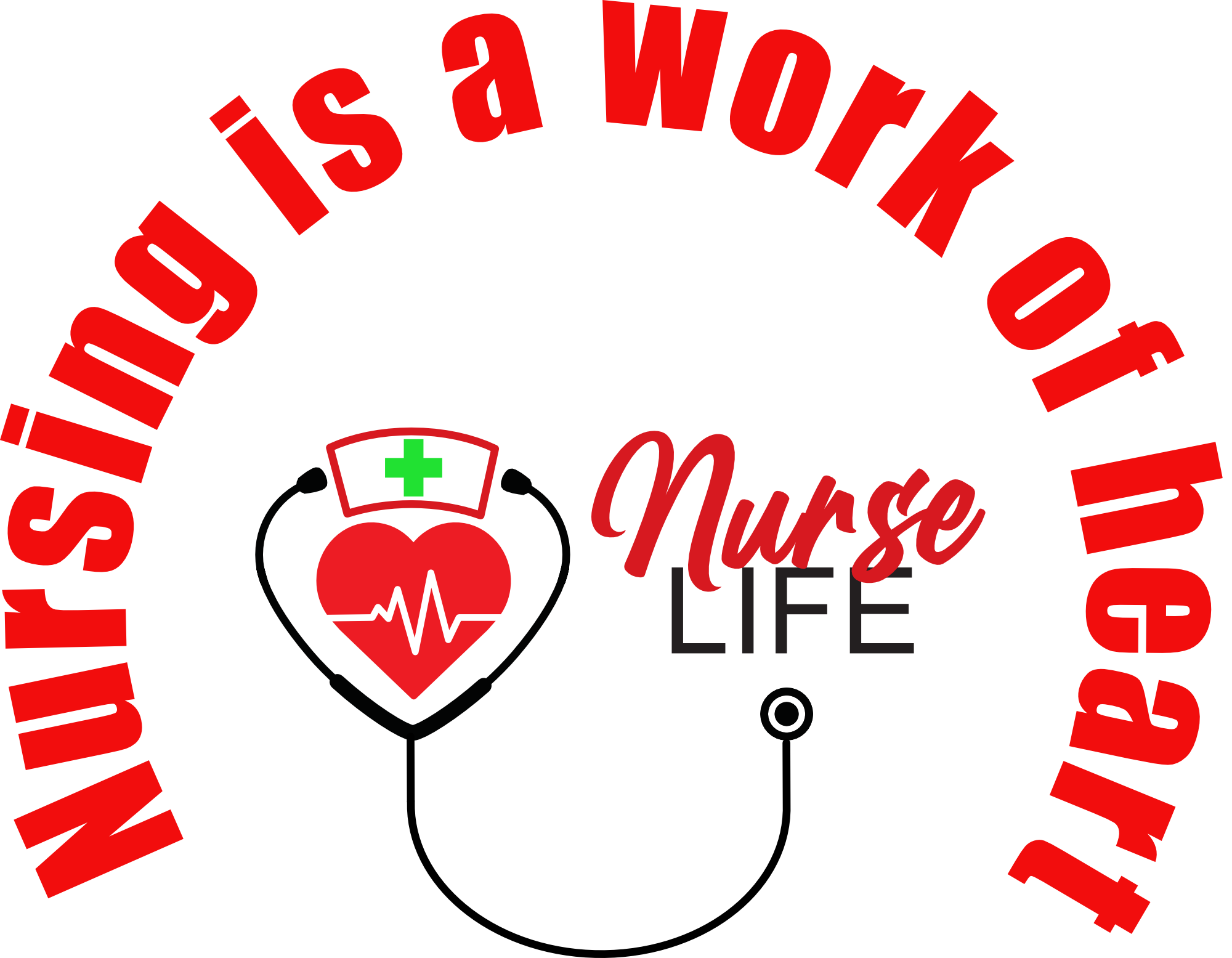 A badge with a red heart topped with a nurse's cap, surrounded by the words 'Nursing is a work of heart' in red capital letters, and the word 'Nurse' in red cursive with 'LIFE' underneath in black.