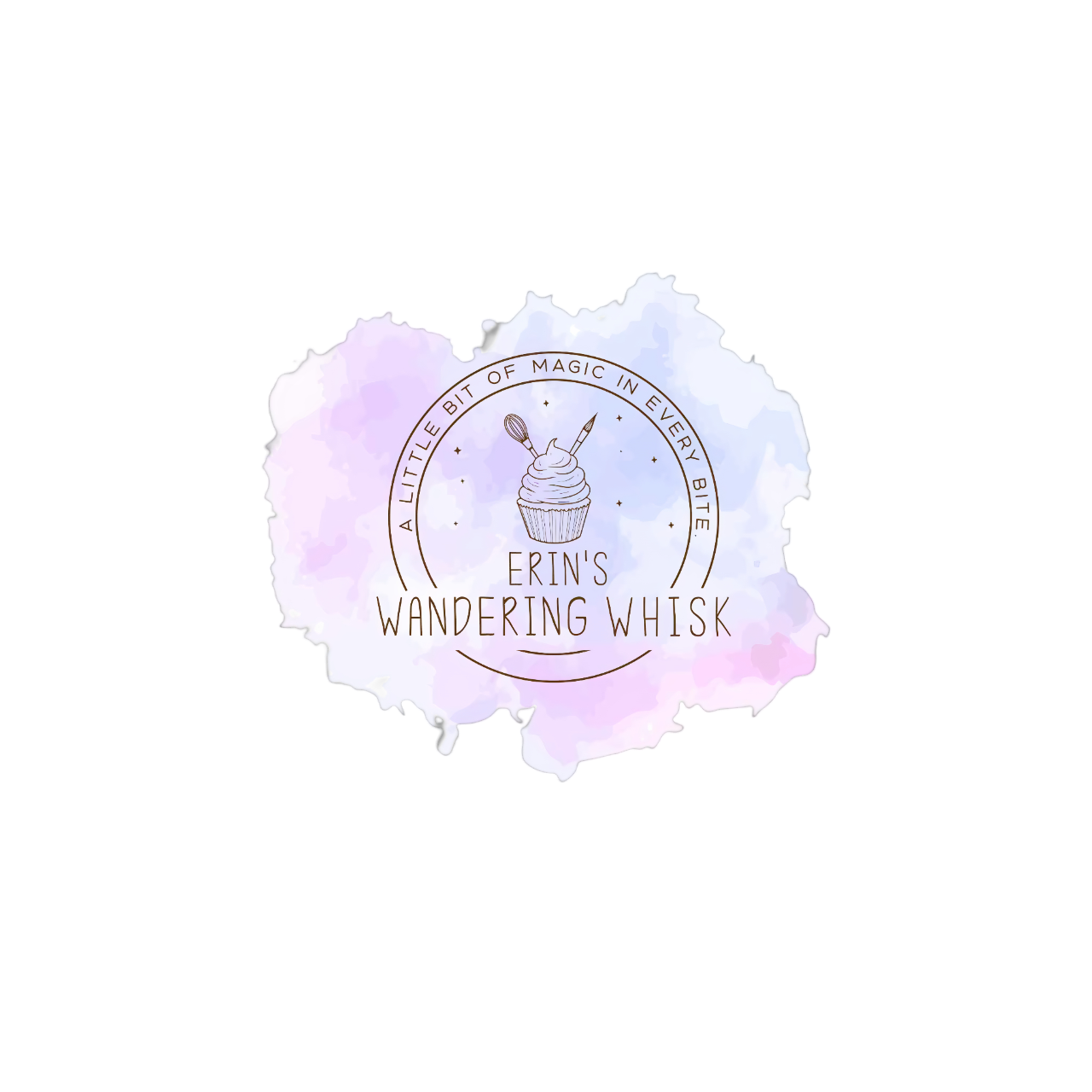 Logo for Erin's Wandering Whisk, featuring a cupcake with a whisk and a small paintbrush, surrounded by a watercolor background with pastel purple and pink hues and the phrase 'A little bit of magic in every bite'.
