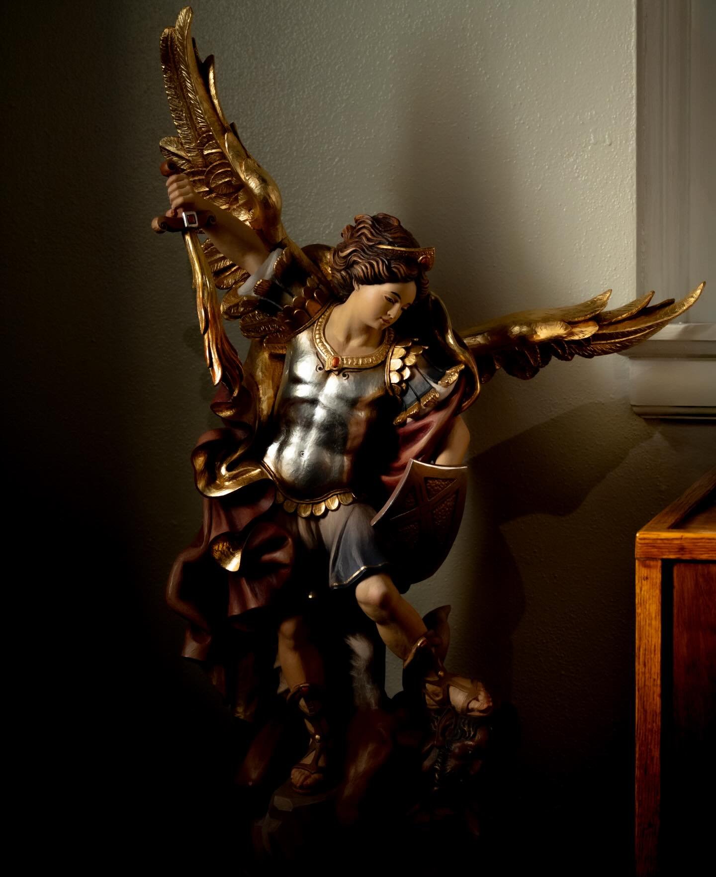 St. Michael the Archangel,&nbsp;defend us in battle.&nbsp;Be our defense against the wickedness and snares of the Devil.&nbsp;May God rebuke him, we humbly pray,&nbsp;and do thou,&nbsp;O Prince of the heavenly hosts,&nbsp;by the power of God,&nbsp;th