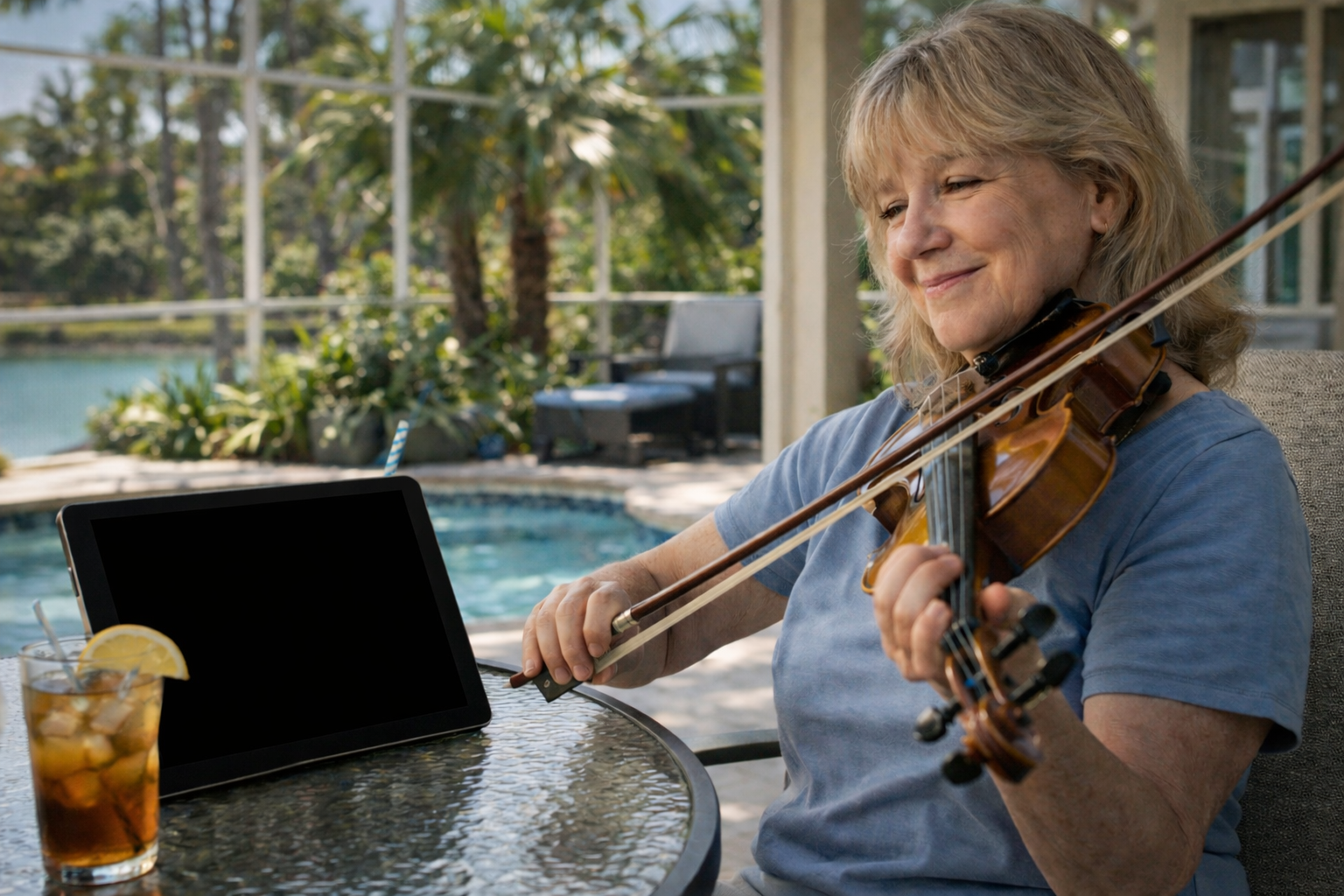 An elderly woman with blonde hair is playing the violin outdoors, sitting at a glass table near a swimming pool on a sunny day. A tablet and a glass of iced tea with lemon are on the table.