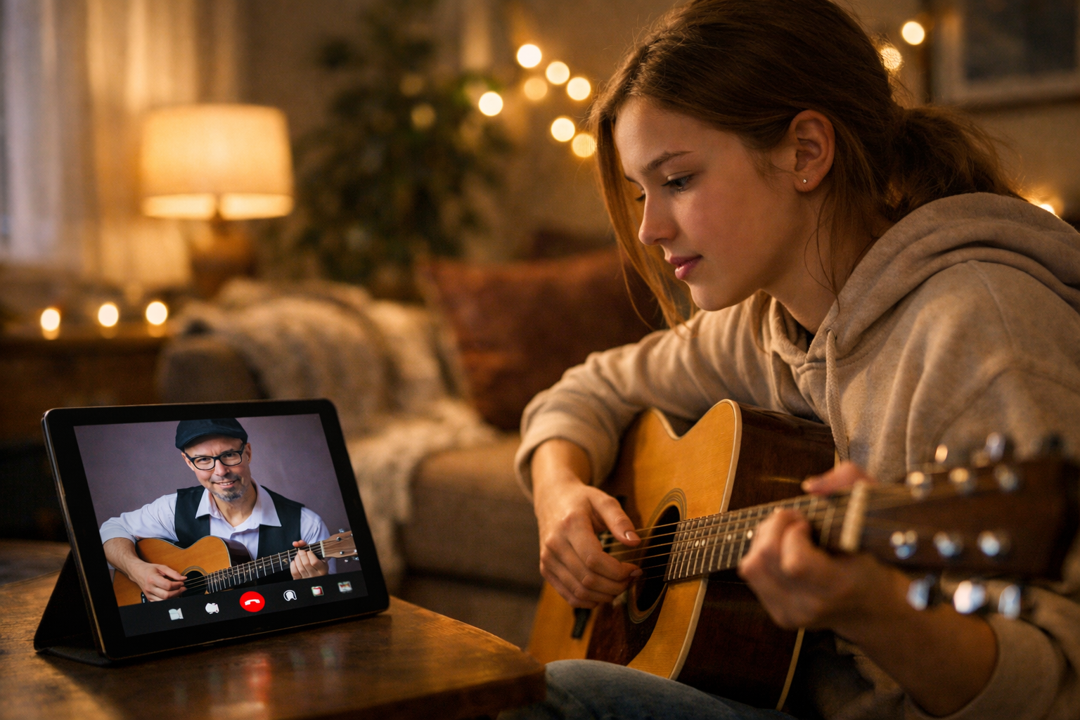 Young woman playing acoustic guitar in a cozy room, video call with a man also playing guitar on a tablet, warm lighting, string lights, candles.