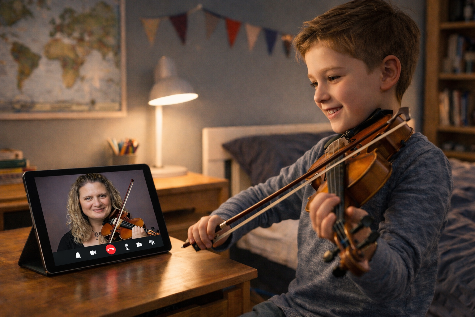 Young boy playing the violin during a video call on a tablet, with a woman holding a violin on the screen, in a cozy bedroom with a map, books, and a desk lamp.