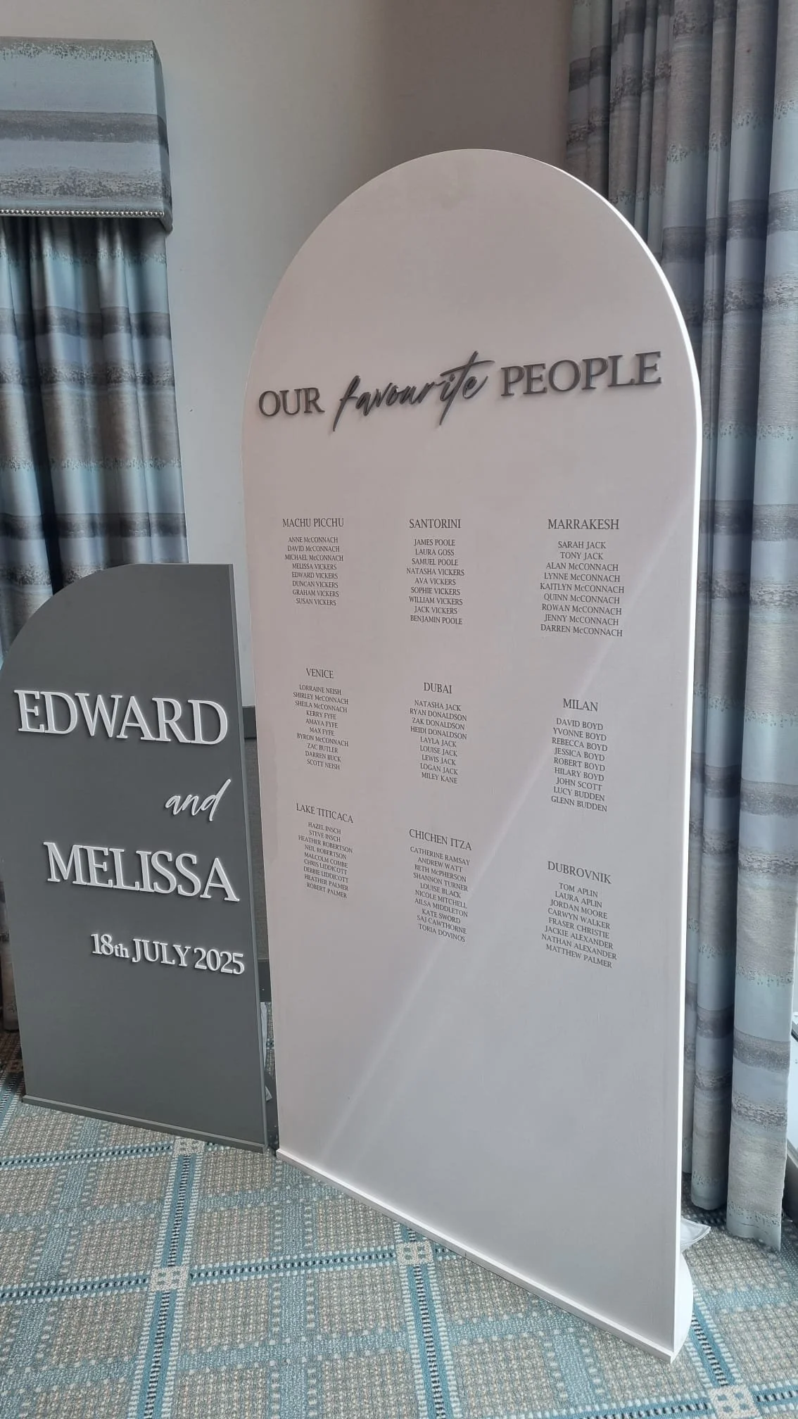 Wedding seating chart with the title 'Our Favourites People' listing names under locations: Machu Picchu, Santorini, Marrakech, Venice, Dubai, Milan, Lake Titicaca, Chichen Itza, Dubrovnik.