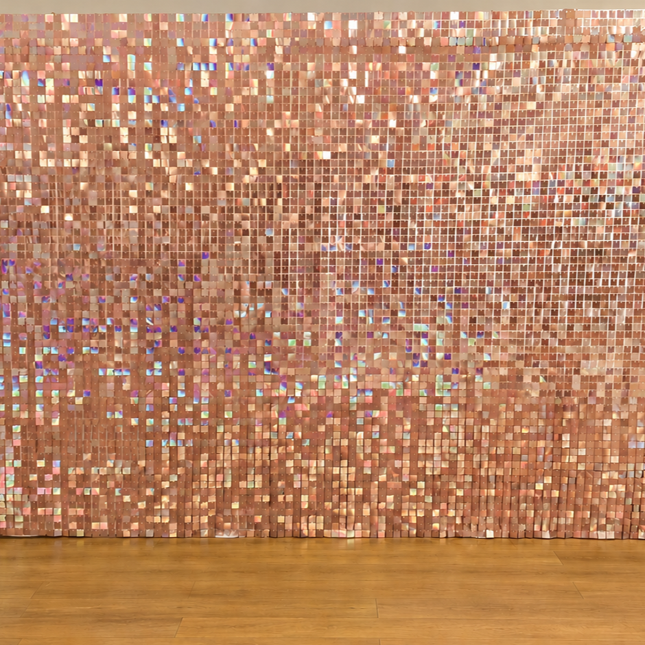 Pink rose gold shimmer wall for weddings events parties rental