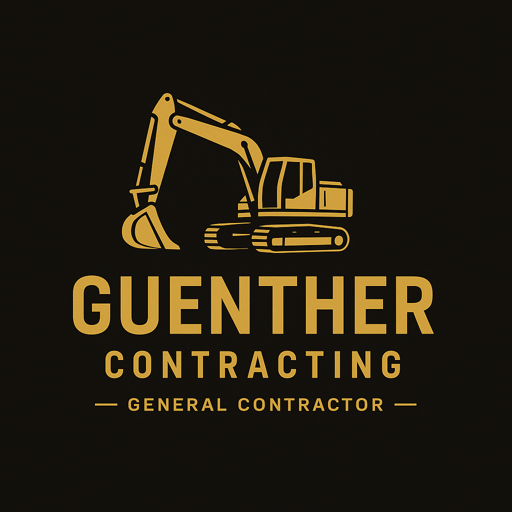 Logo for Guenther Contracting featuring a yellow excavator on a black background with the company name and description.