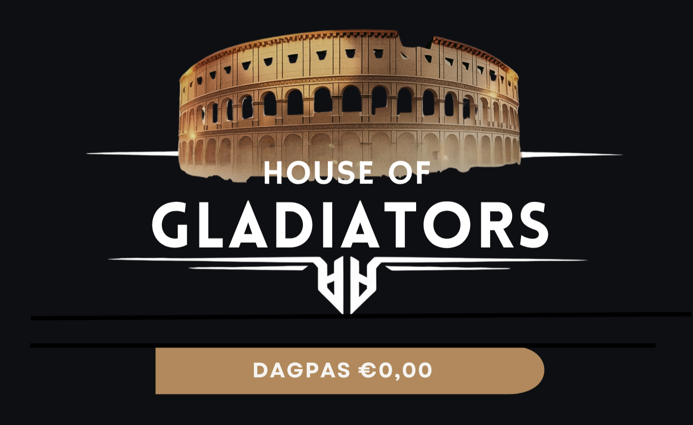 Grafisch ontwerp met een afbeelding van het colosseum bovenaan, de titel 'House of Gladiators' in grote letters, en de tekst 'DAGPAS €0,00' onderaan op een zwarte achtergrond.