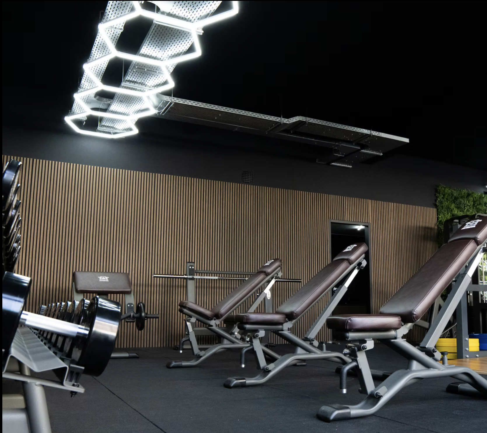 Fitnessruimte met trainingsbanken, gewichten en moderne plafondverlichting.