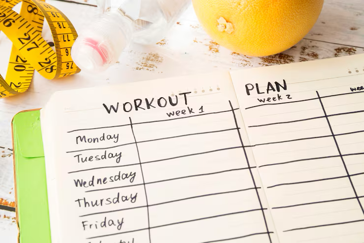 Een geschreven schema voor workouts en planning met dagen van de week, op een houten tafel met een gele citroen, een meetlint, een kleine fles water en een pompoen.