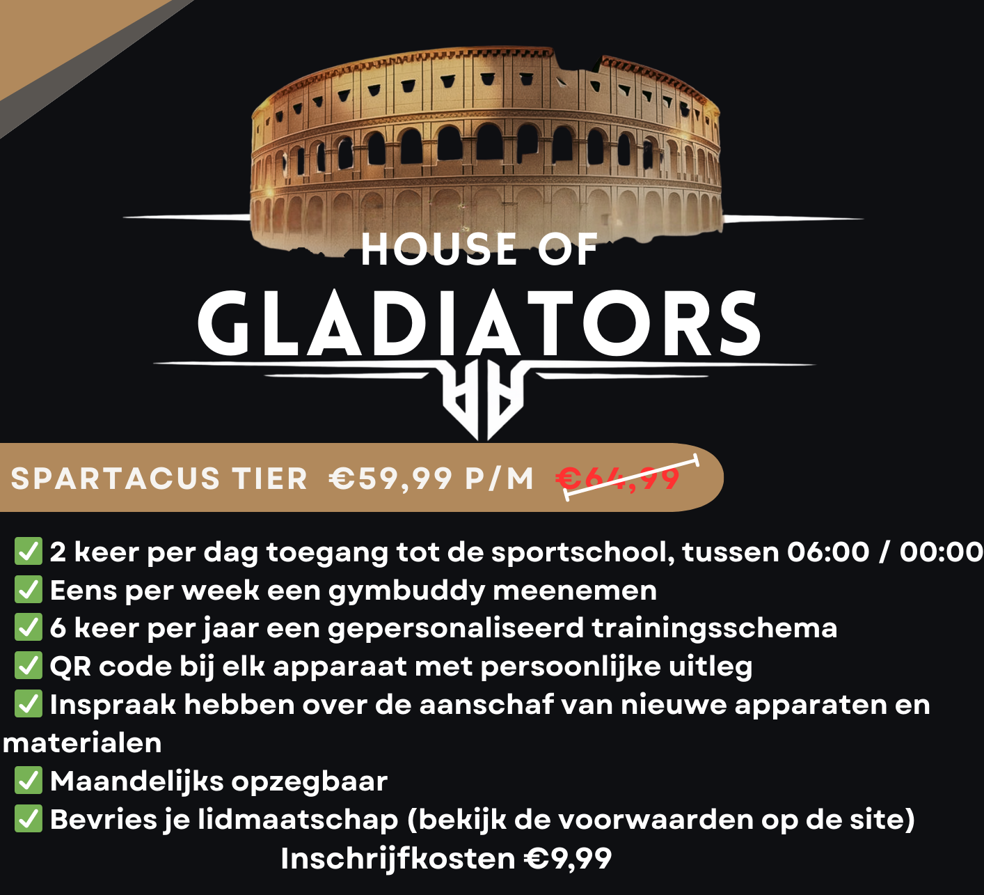 Promotie voor een sportschool abonnement met een afbeelding van het Colosseum. De aanbieding betreft de Spartacus Tier voor €59,99 per maand, met een korting van €4,99.