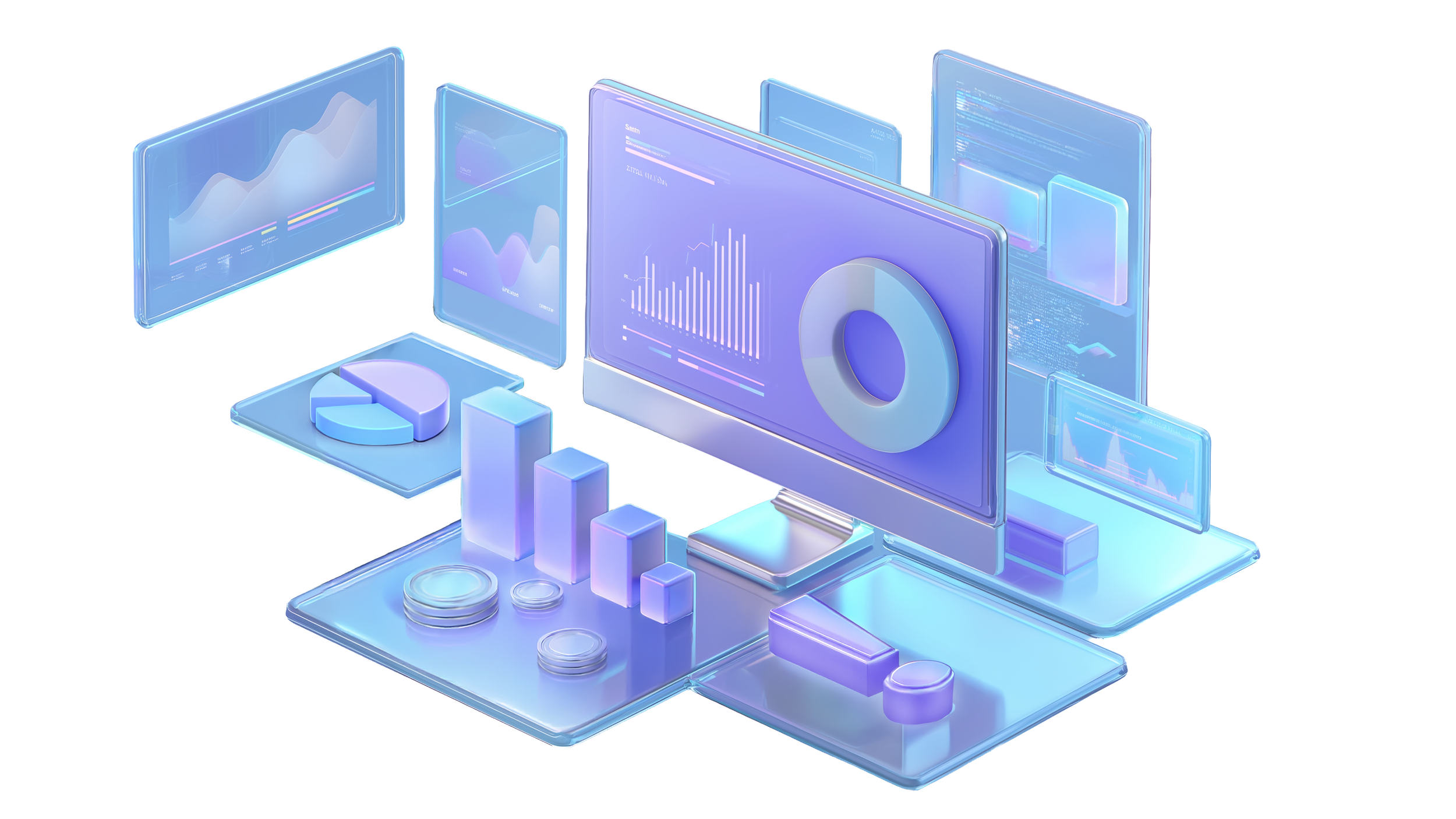 Futuristic digital data visualization interface with graphs, charts, and analytics displayed on semi-transparent floating screens.