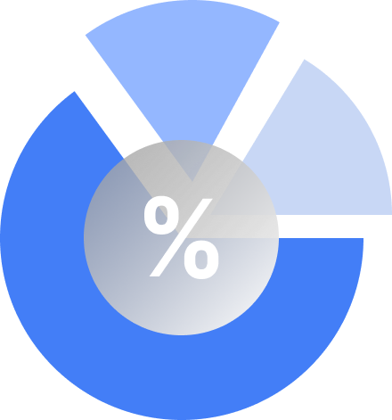A pie chart with percentage segments in blue, purple, and gray, and a central gray circle with a white percent symbol.