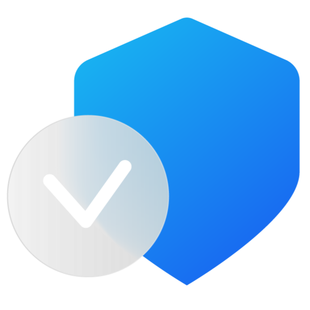 A blue shield with a white checkmark in a circle.