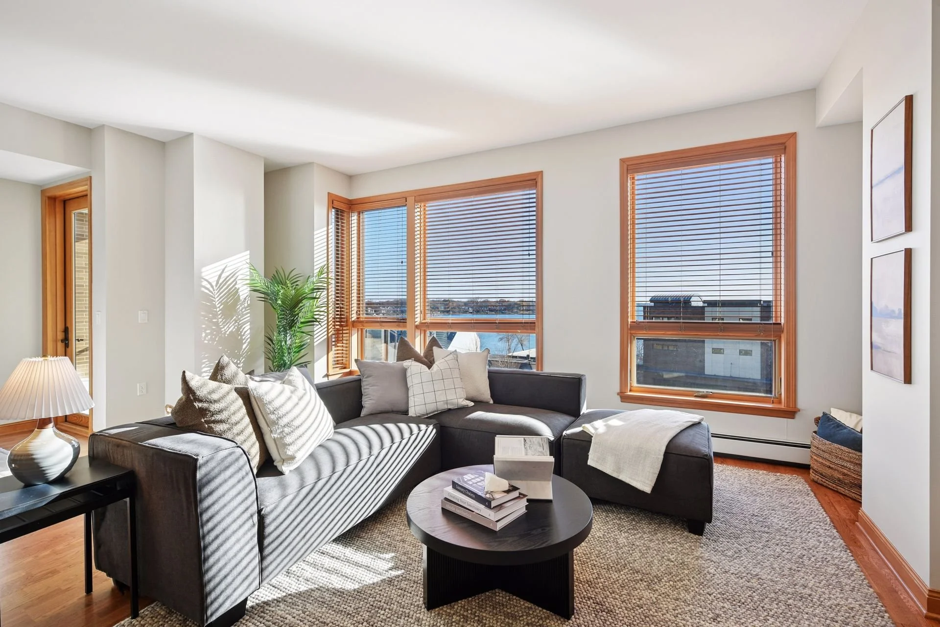 Bright living room with large windows with natural sunlight casting shadows.