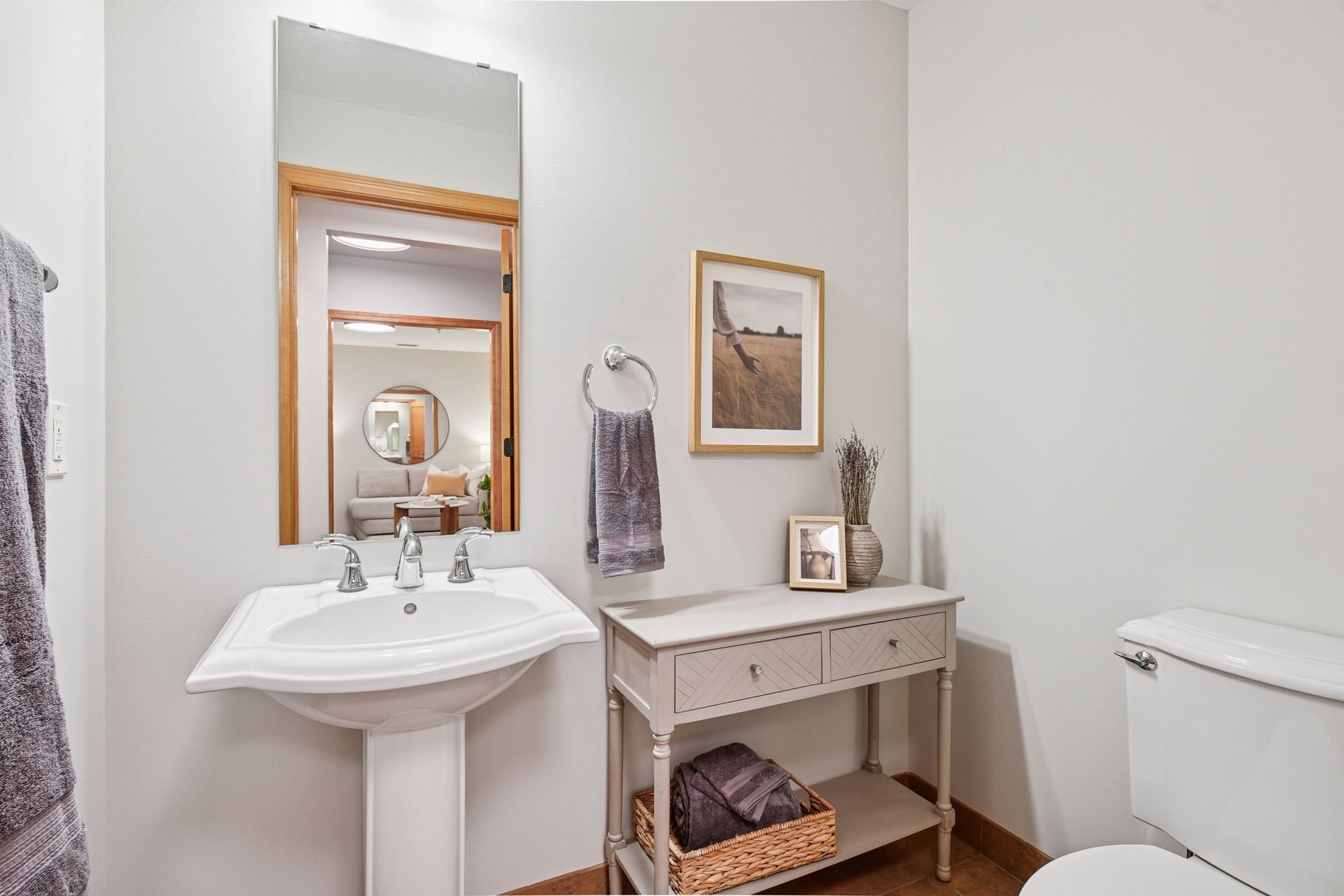 A bathroom with white walls, a white sink with silver fixtures, a rectangular mirror above it, and a silver towel ring.