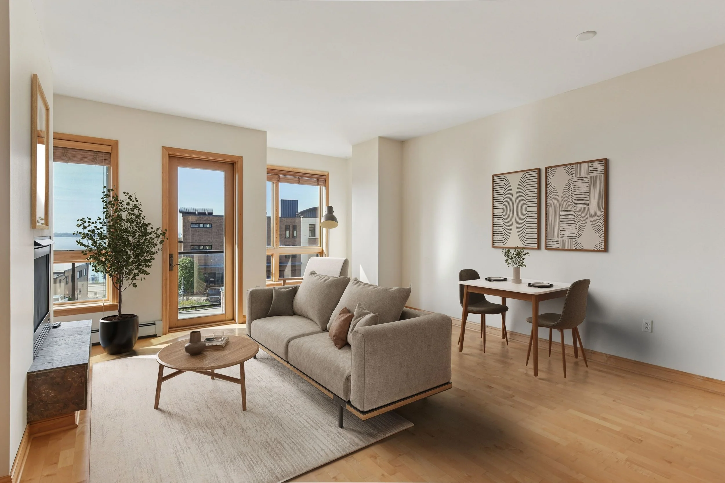 Bright living room with large windows, beige sofa, round coffee table, potted plant, dining table with two chairs, and modern wall art.