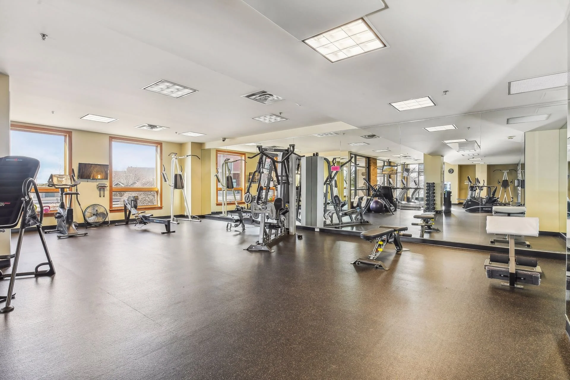 Indoor gym with exercise equipment, mirrors, and large windows letting in natural light.