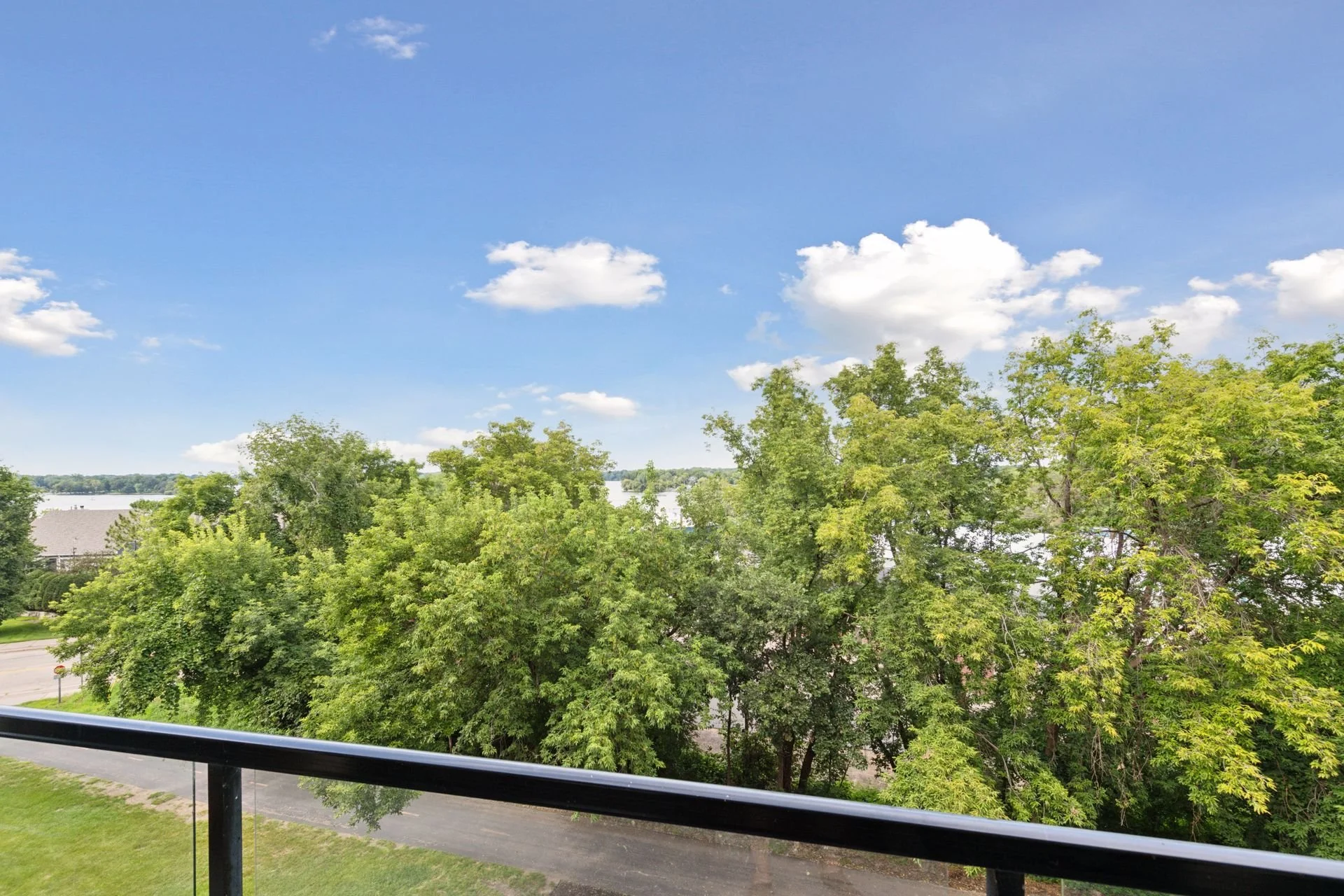 View of green trees under a partly cloudy blue sky, seen from a balcony with a black railing, overlooking a grassy area and a body of water in the distance.