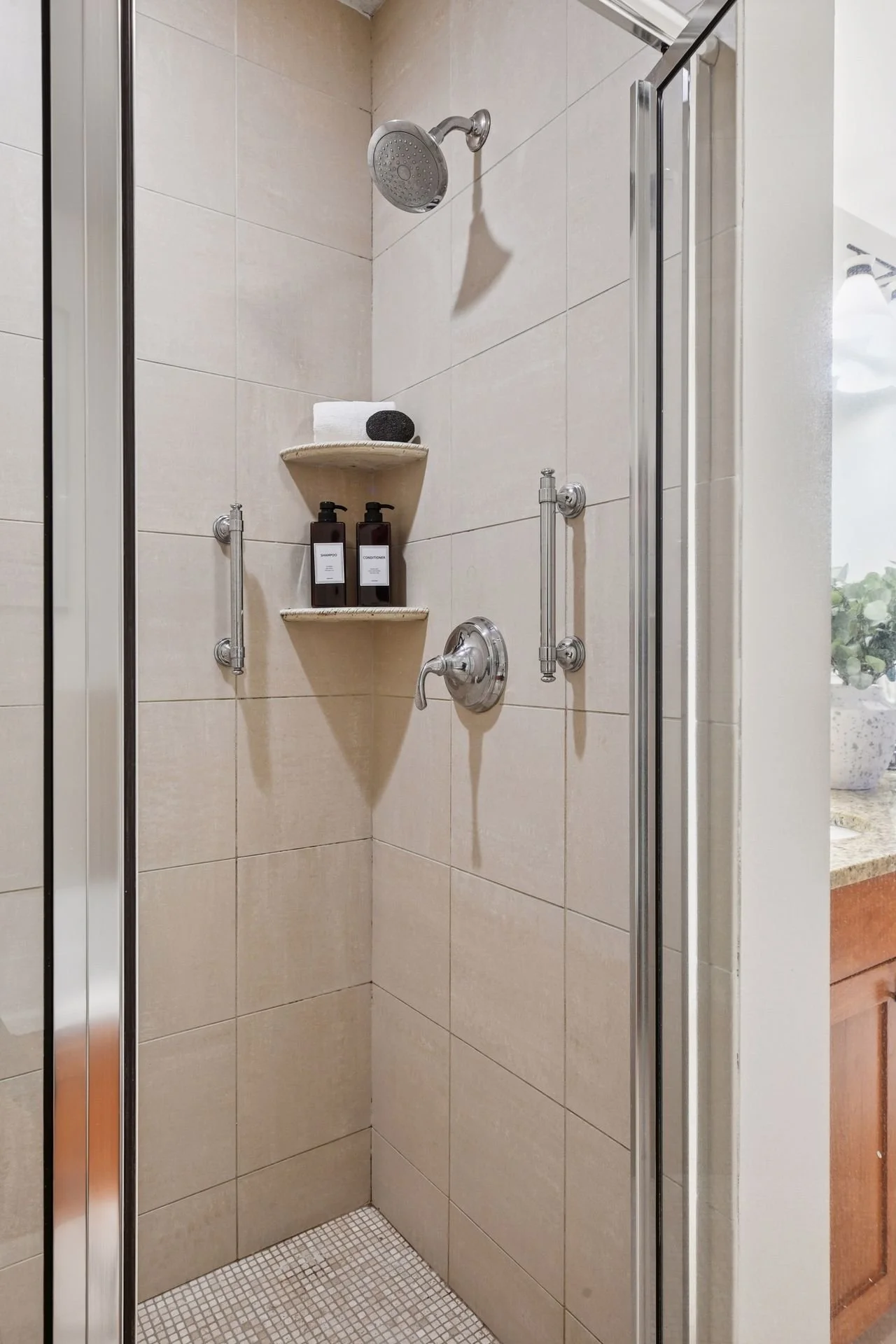 A tiled shower with a glass door.