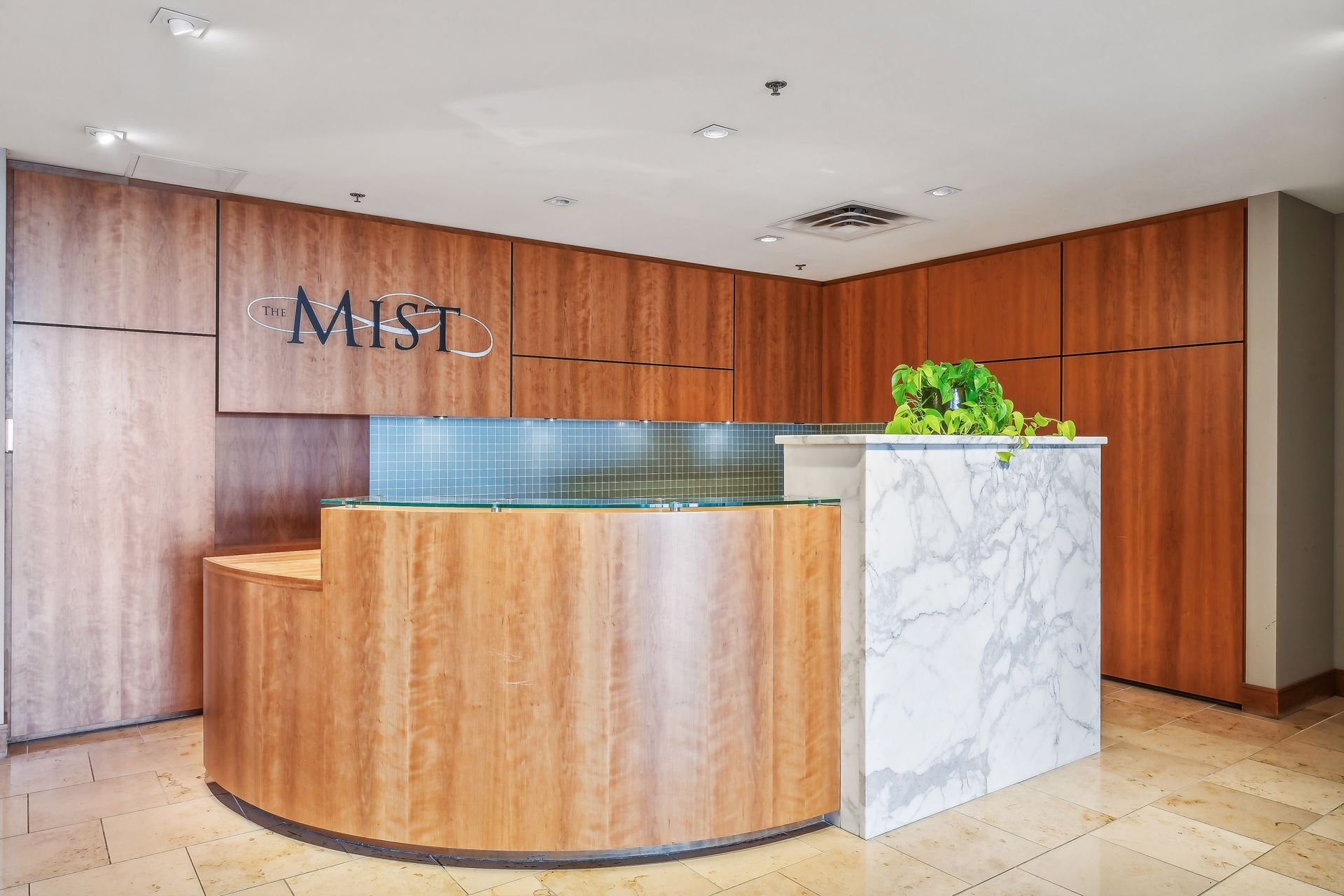 Lobby reception area with wooden wall panels, a marble counter with a plant, and a sign that reads 'The MIST' on the wall.