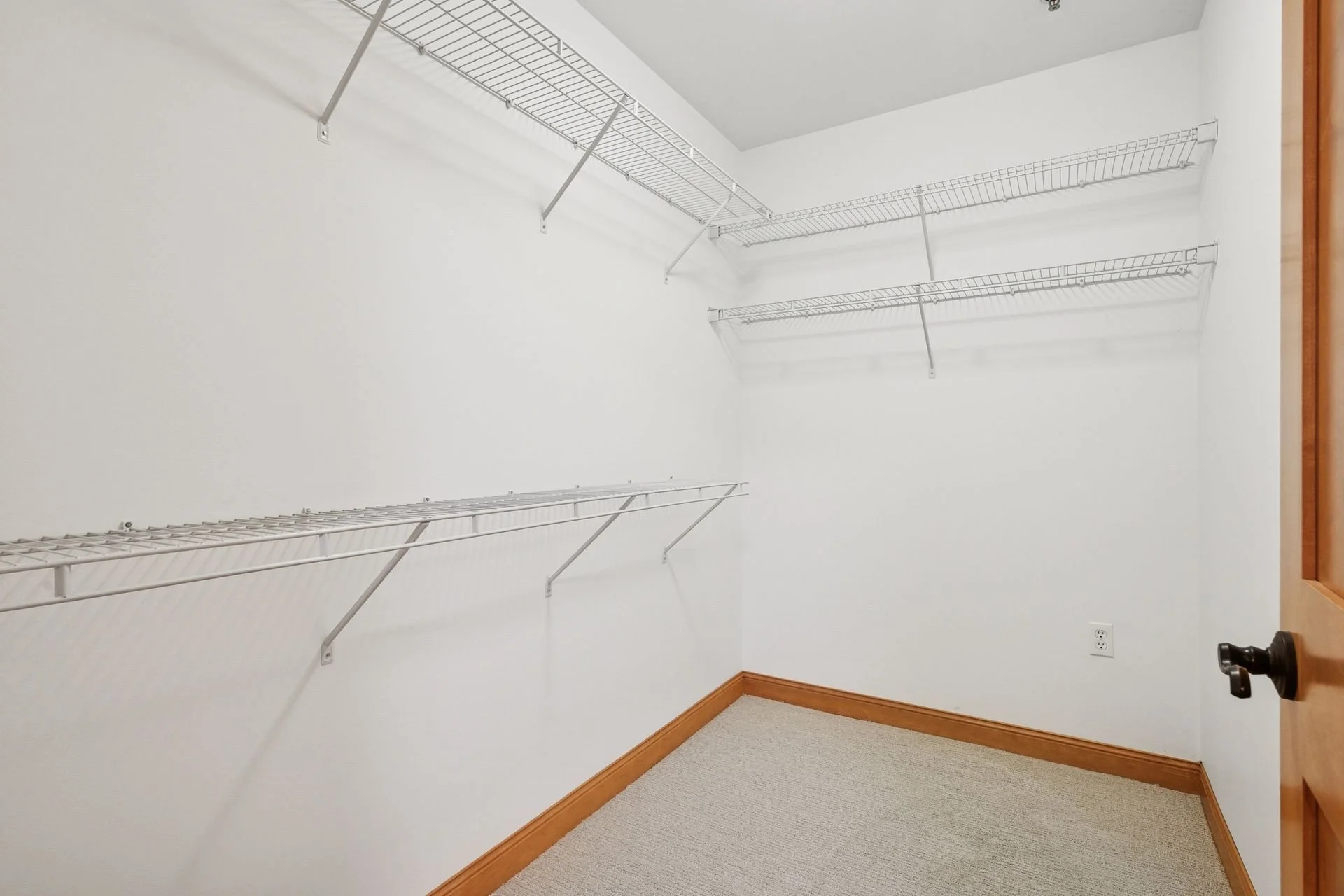 Walk-in closet with white wire shelves on three walls, wood trim along the base of the wall, carpeted floor, and a partially visible wooden door.