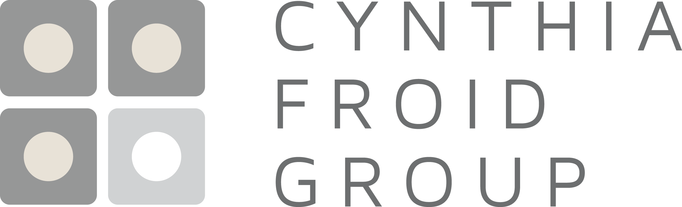 Logo for Cynthia Froud Group, featuring four gray squares with rounded corners, each containing a white or off-white dot, with the text 'Cynthia Froud Group' to the right.