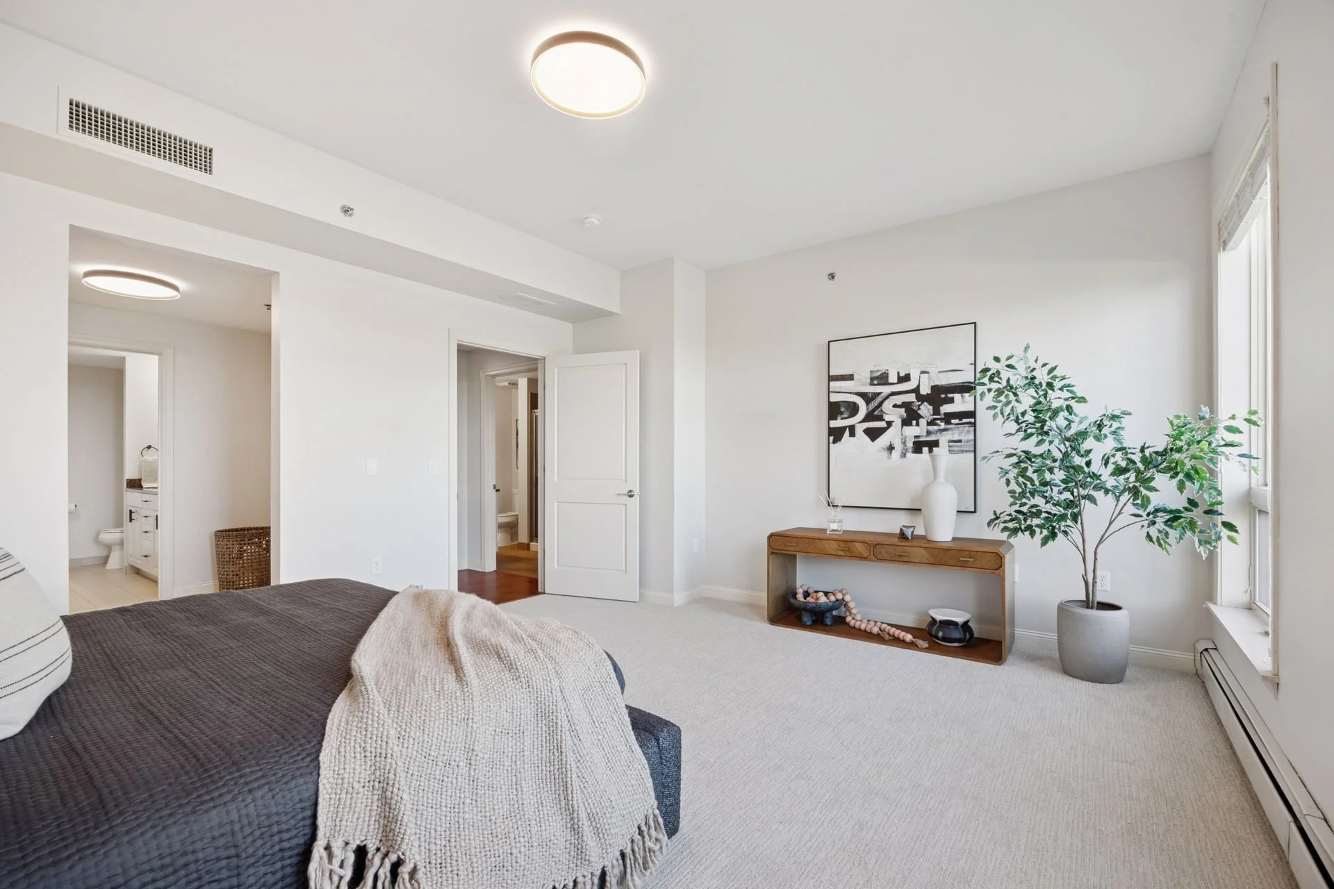 A bright and minimalistic living room with white walls and beige carpet.