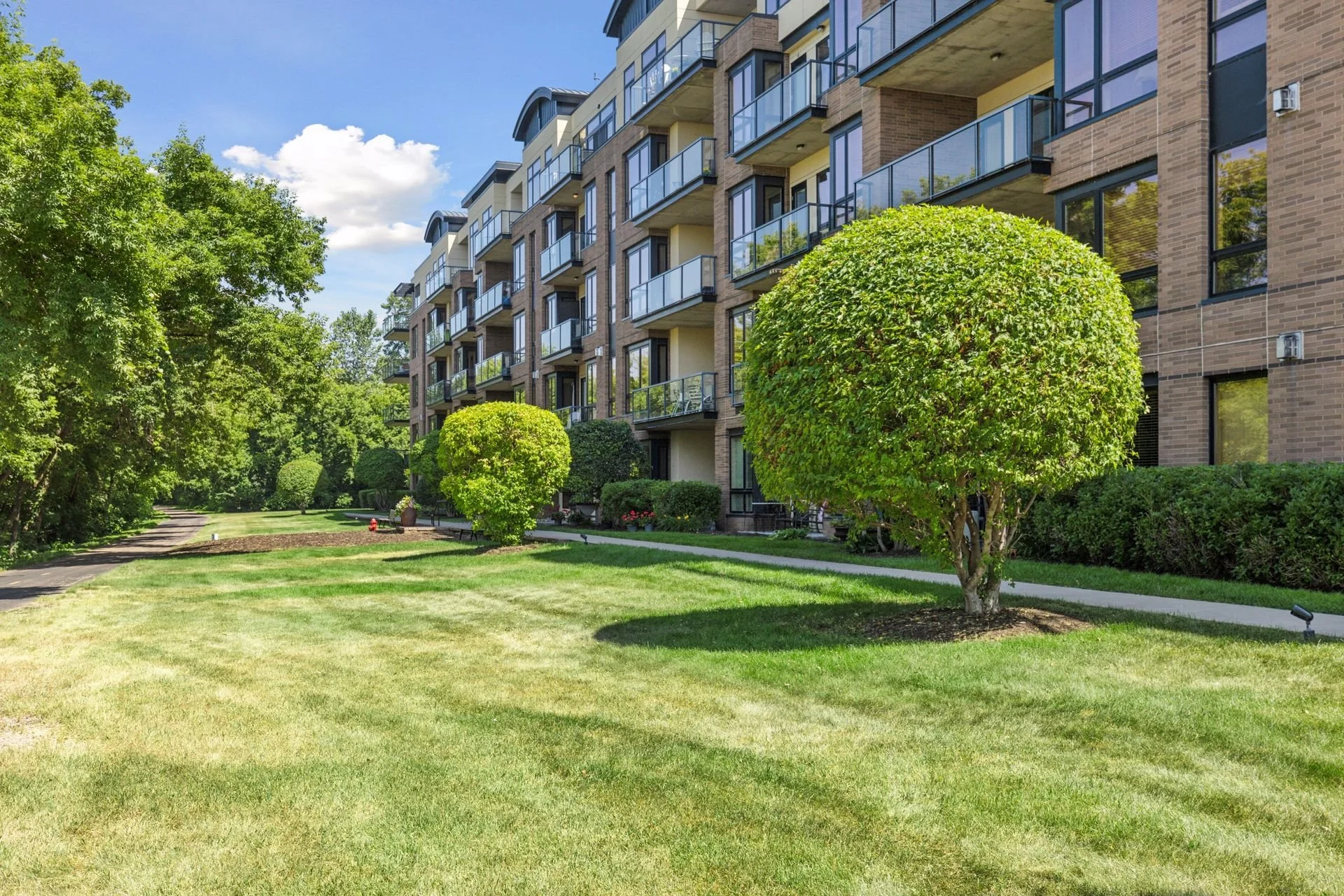 A landscaped area with trimmed bushes and grass and a walking path.