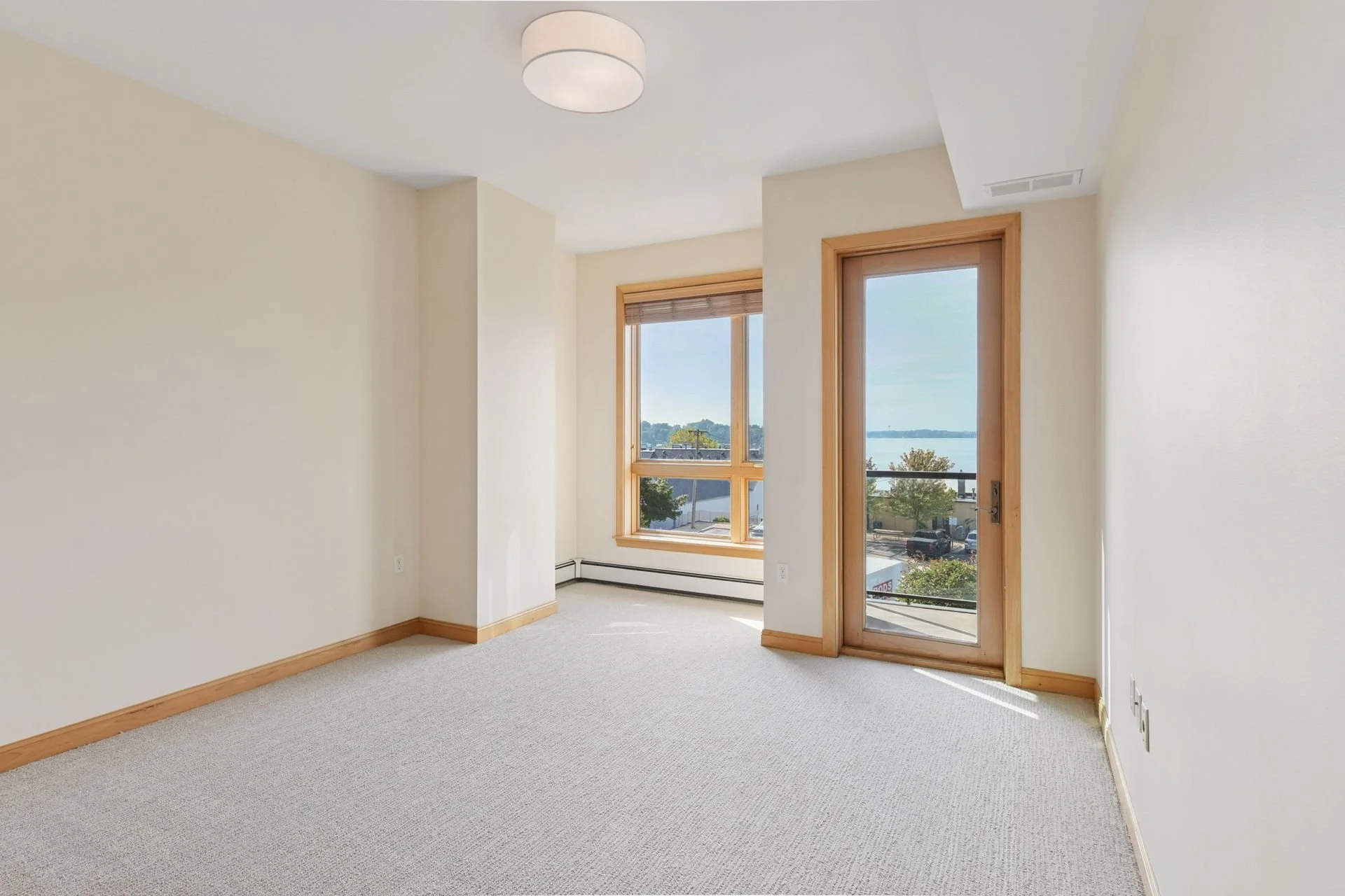 Empty room with beige walls, a carpeted floor, a window with a view of trees and water, and a glass door leading to a balcony.