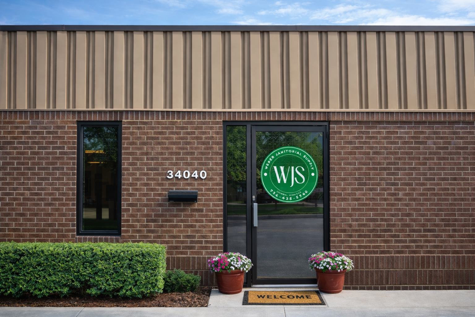 Brick building with a glass door featuring a green circular logo for WJS. The address 34040 is displayed to the left of the door, along with a black mailbox. There are two potted flowers on either side of the door and a green shrub in front. A welcome mat is on the ground.