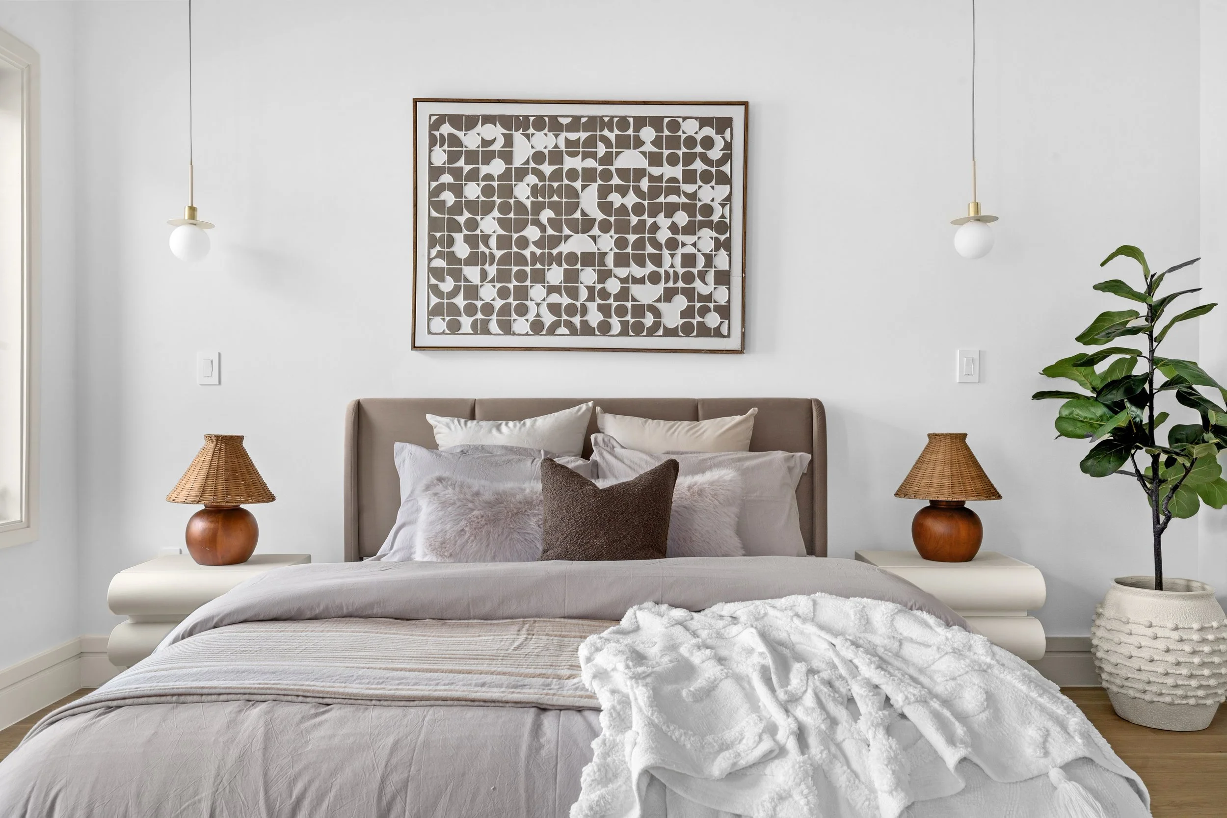 master bedroom with king size bed and neutral tones