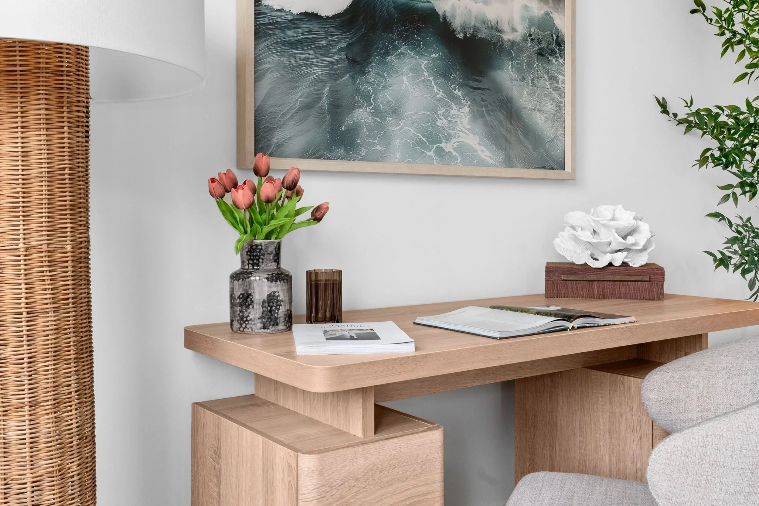 warm neutral office room with light browns rattan and wood