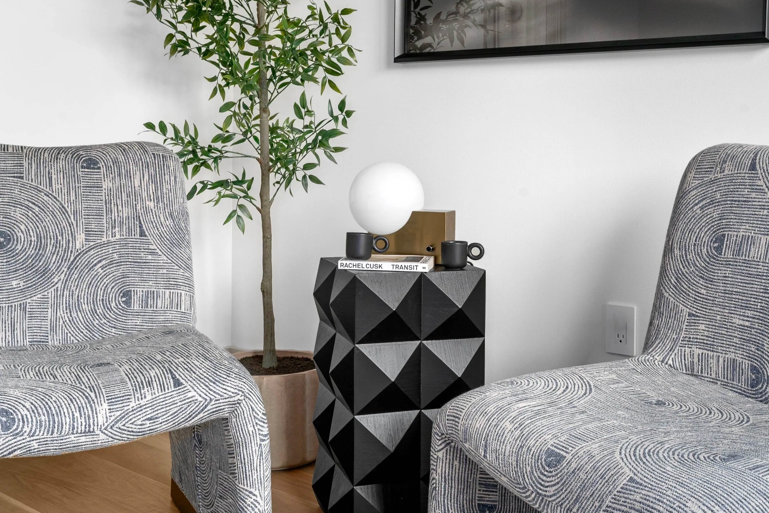 modern seating area with geometric furniture pieces