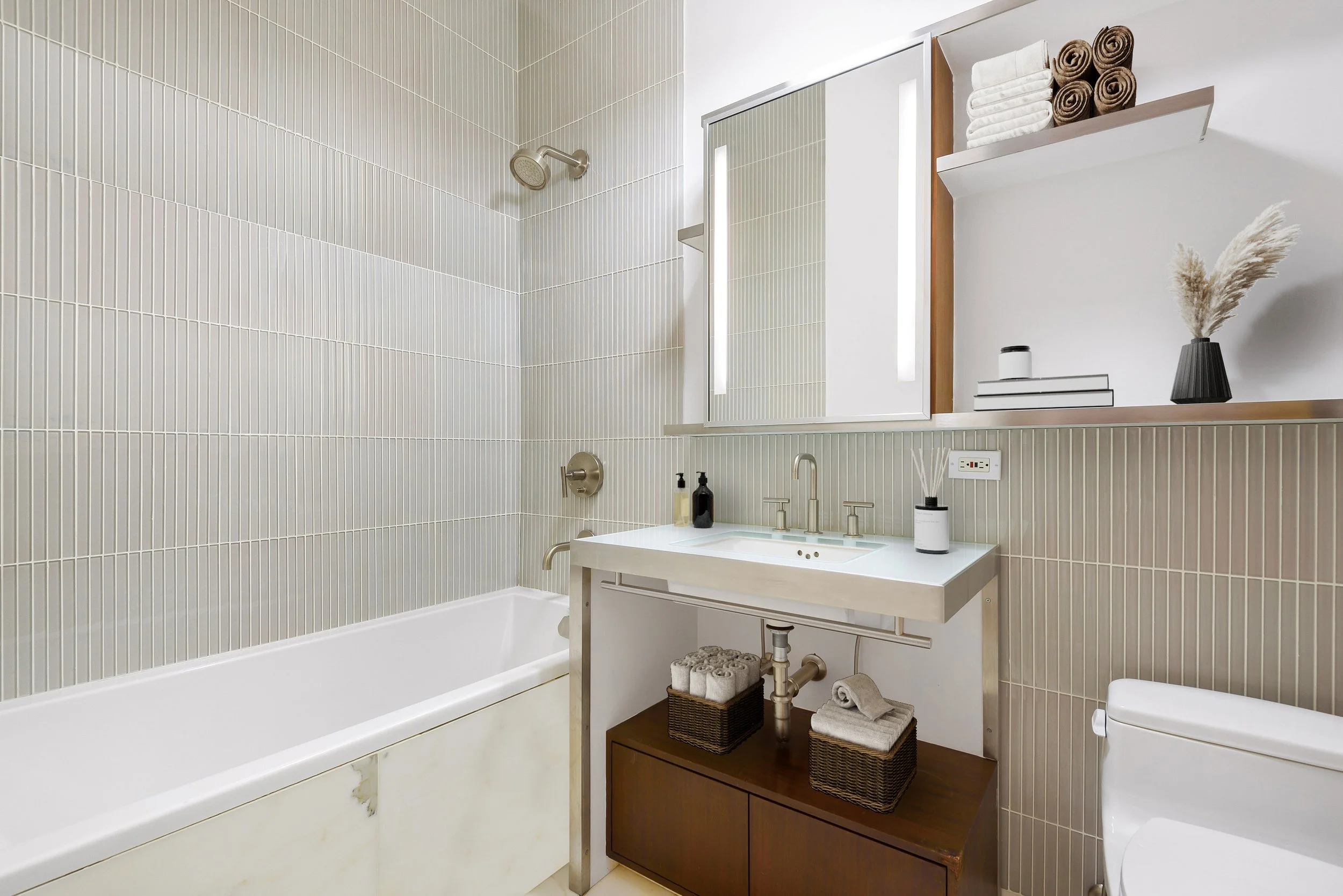 modern bathroom design with brown tone details