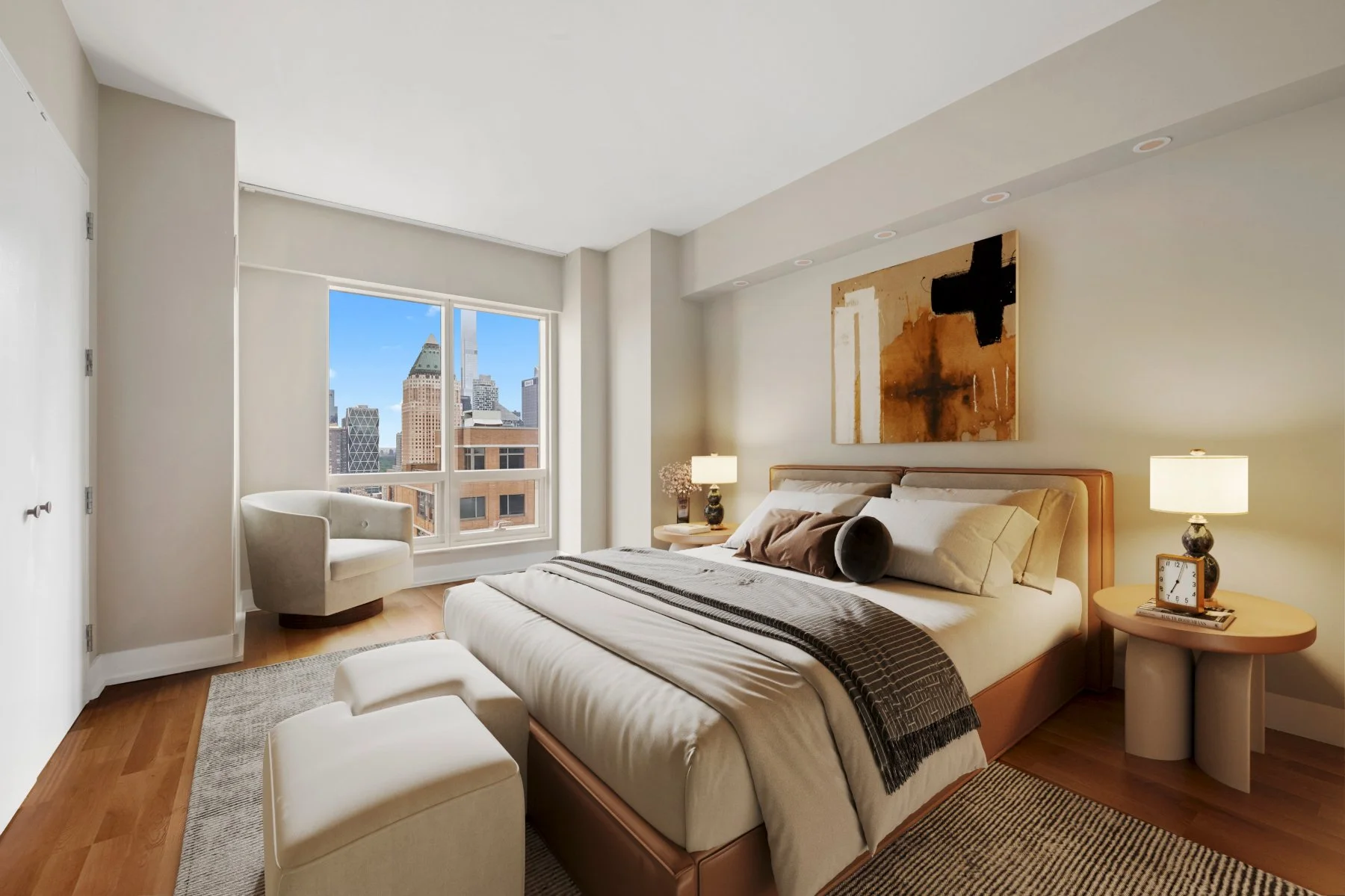 warm neutral toned master bedroom with window view of city buildings